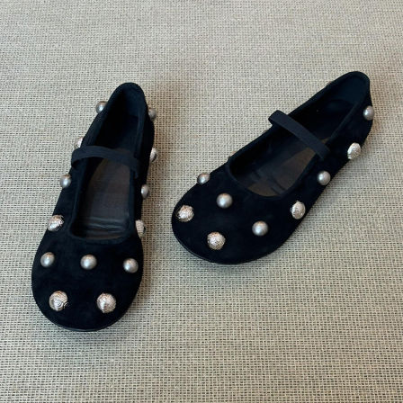 羊皮版~韩系温柔风时髦铆钉一字带玛丽珍鞋女舒适平底芭蕾舞单鞋