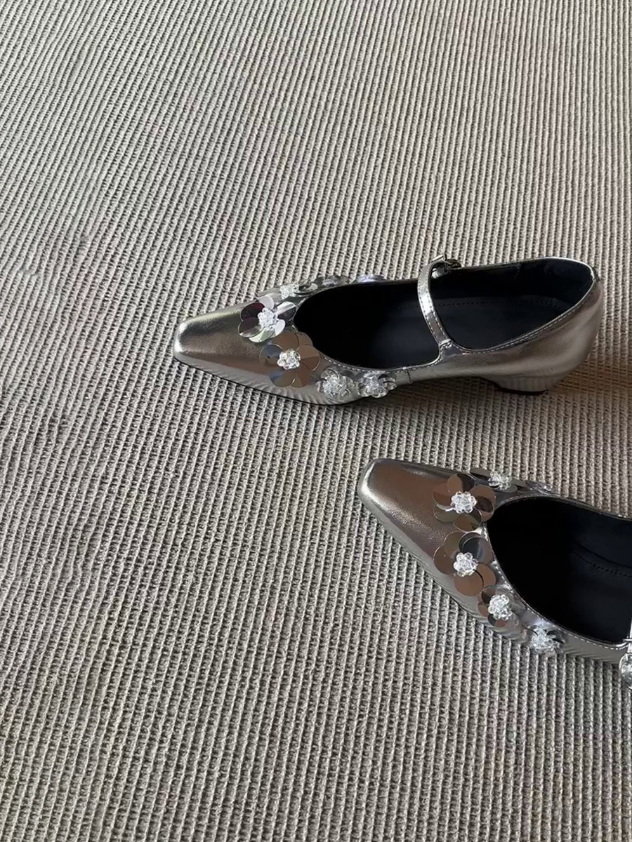 羊皮版~法式气质方头亮片花朵玛丽珍女鞋一字扣带浅口内增高单鞋主图