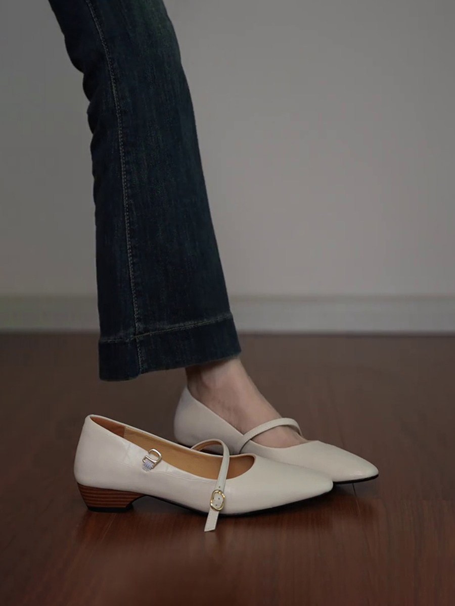 羊皮版~法式方头极简风一字扣带玛丽珍鞋女通勤浅口气质粗跟单鞋主图