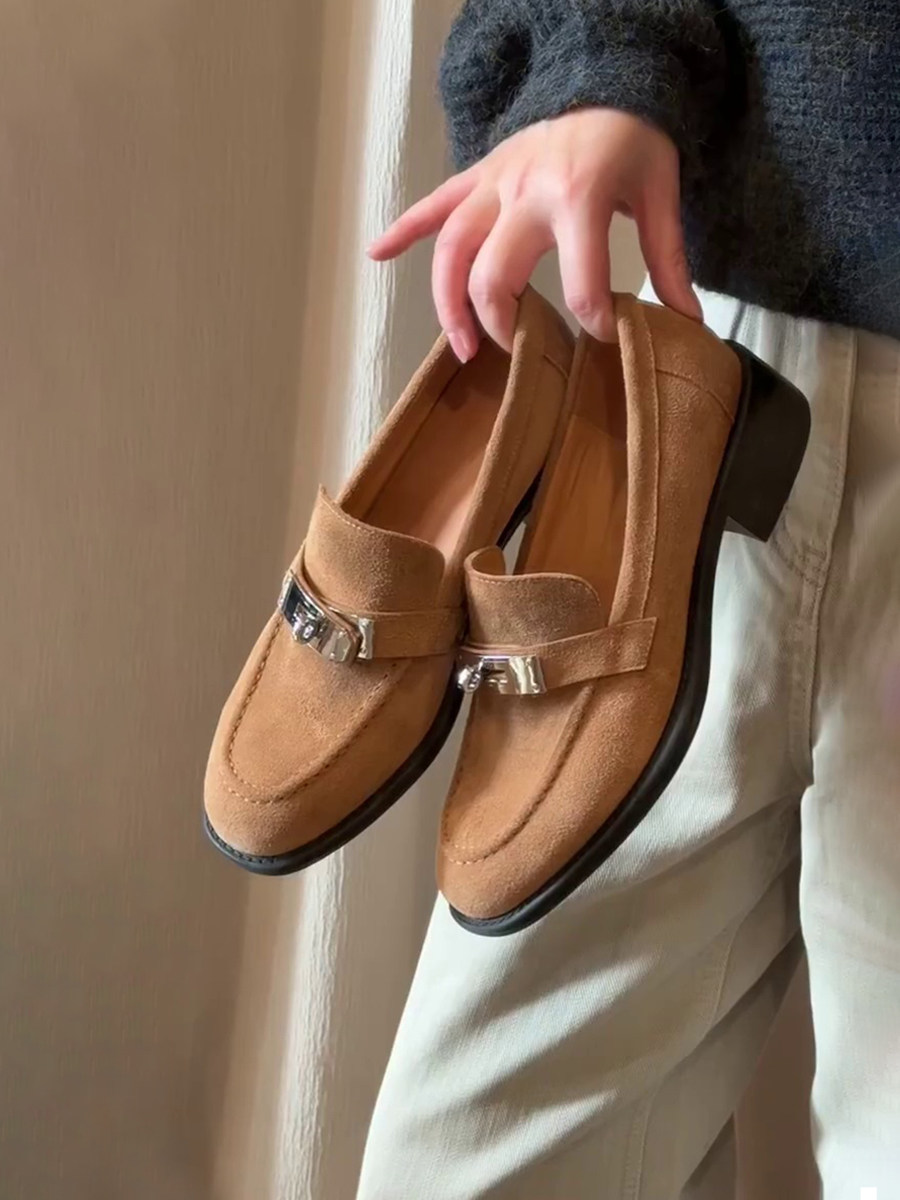 牛皮版~复古绒面金属扣一脚蹬乐福鞋通勤圆头英伦风粗跟小皮鞋女主图