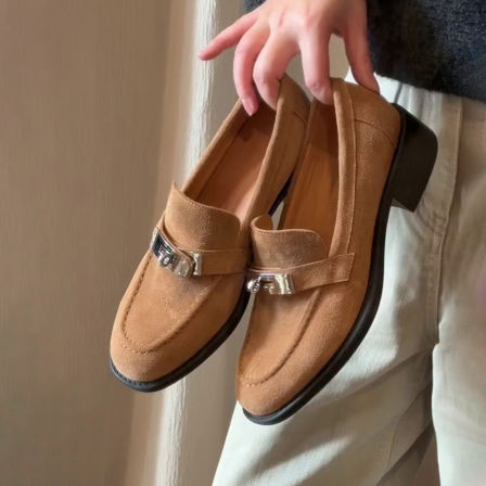 牛皮版~复古绒面金属扣一脚蹬乐福鞋通勤圆头英伦风粗跟小皮鞋女