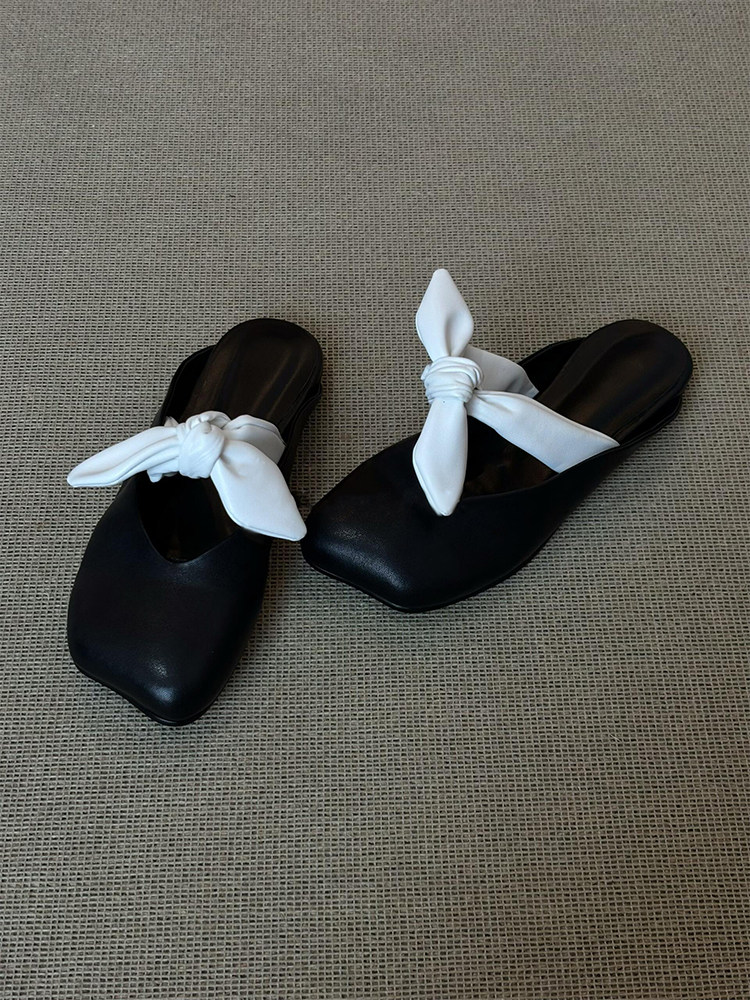 羊皮版~法式黑色拼色蝴蝶结半拖鞋女一脚蹬小众异形头休闲包头鞋主图
