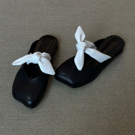 羊皮版~法式黑色拼色蝴蝶结半拖鞋女一脚蹬小众异形头休闲包头鞋