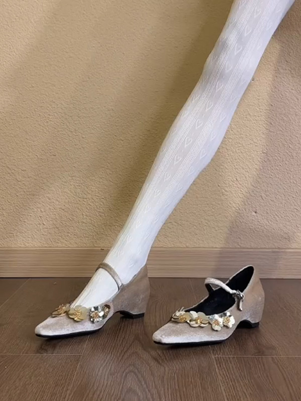 羊皮版~法式高级丝绒玛丽珍鞋女一字带亮皮花朵内增高方头小单鞋主图