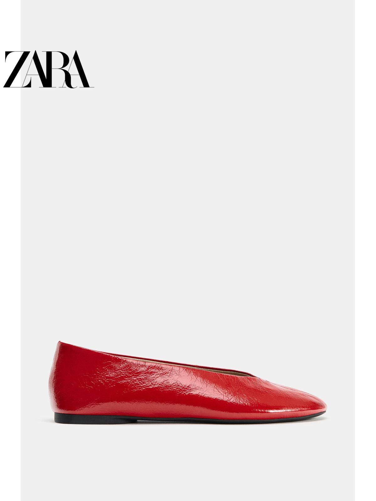 ZARA2026春夏新品 女鞋 红色皮革V形口圆头芭蕾鞋 1562710 600主图