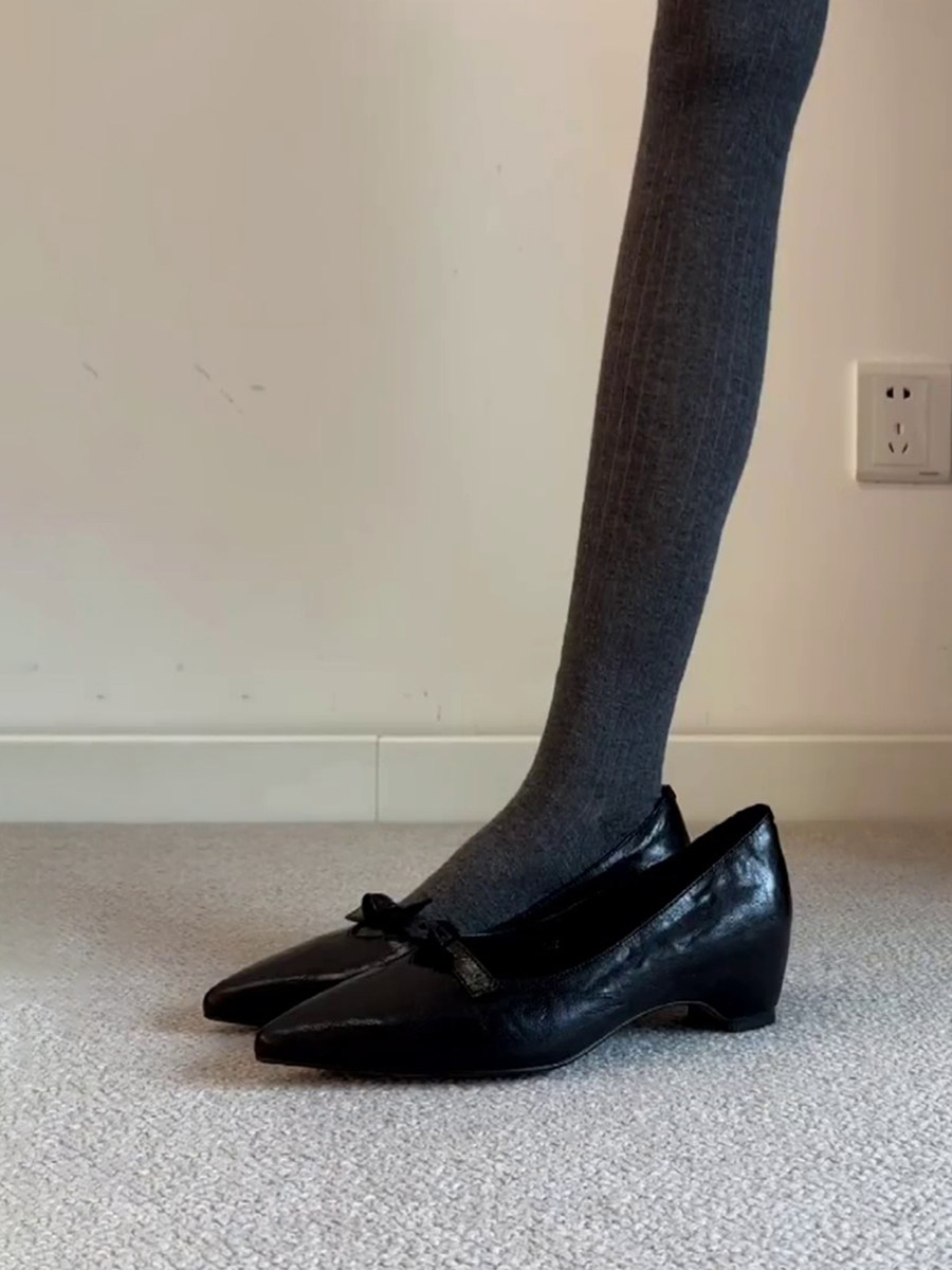 羊皮版~尖头气质蝴蝶结玛丽珍鞋女通勤浅口一脚蹬法式内增高单鞋主图