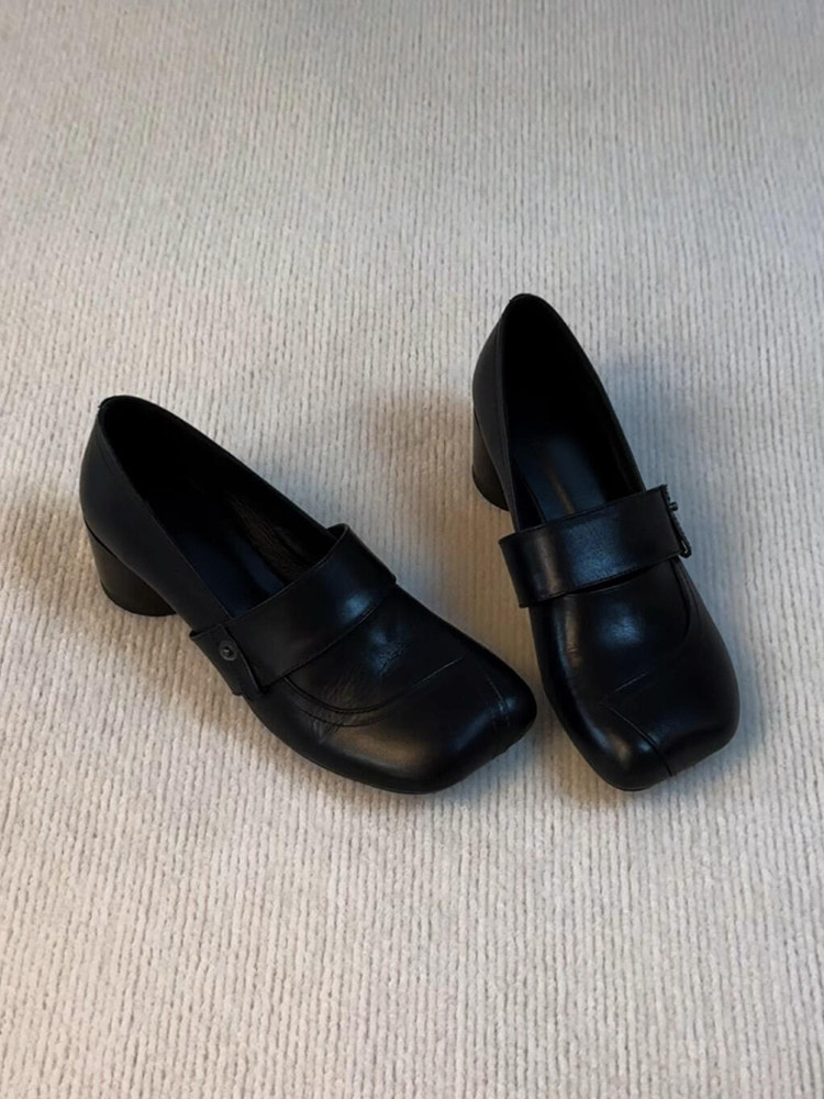 羊皮版~小众懒人一脚蹬复古风方头粗跟乐福鞋女真皮一脚蹬小皮鞋主图