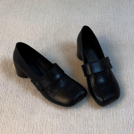 羊皮版~小众懒人一脚蹬复古风方头粗跟乐福鞋女真皮一脚蹬小皮鞋