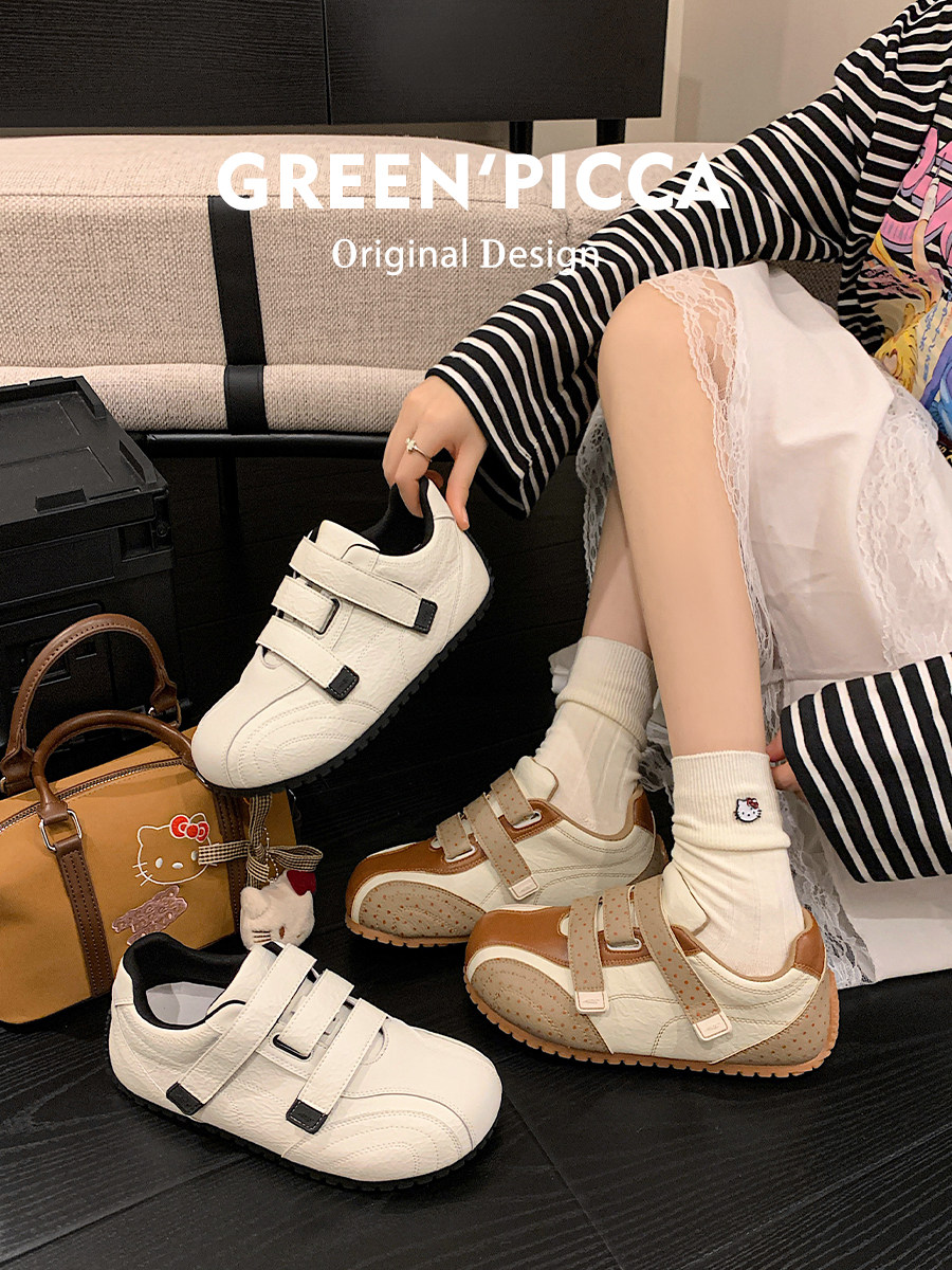 真皮~2026年新款魔术贴休闲小白鞋女轻便慢跑运动鞋平底波点板鞋主图