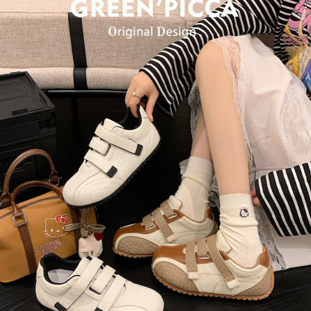 真皮~2026年新款魔术贴休闲小白鞋女轻便慢跑运动鞋平底波点板鞋