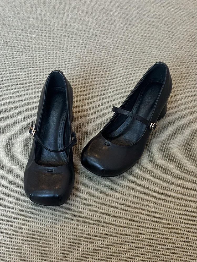 羊皮版~高级黑色通勤玛丽珍鞋女方圆头一字带高跟真皮简约小皮鞋主图