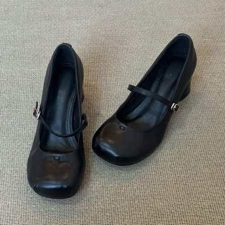 羊皮版~高级黑色通勤玛丽珍鞋女方圆头一字带高跟真皮简约小皮鞋