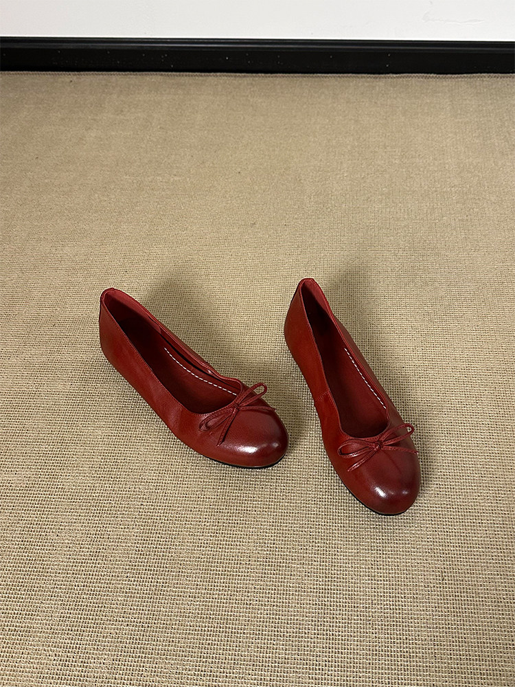 羊皮版~复古风蝴蝶结浅口单鞋女平底软底通勤鞋一脚蹬红色芭蕾鞋主图