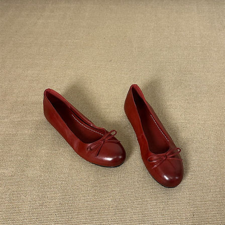 羊皮版~复古风蝴蝶结浅口单鞋女平底软底通勤鞋一脚蹬红色芭蕾鞋