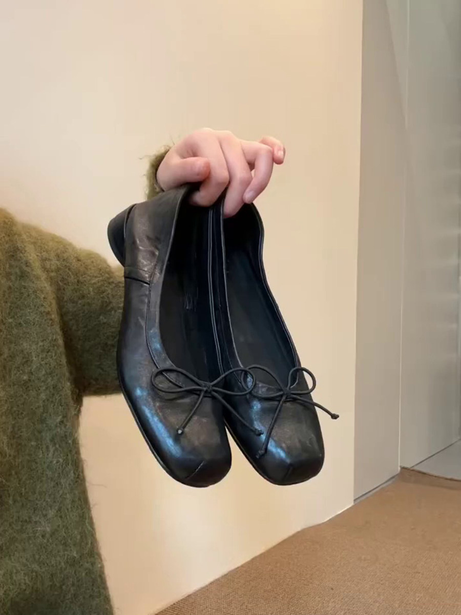 羊皮版~方头法式复古蝴蝶结芭蕾舞鞋浅口通勤鞋一脚蹬粗跟单鞋女主图