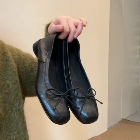 羊皮版~方头法式复古蝴蝶结芭蕾舞鞋浅口通勤鞋一脚蹬粗跟单鞋女