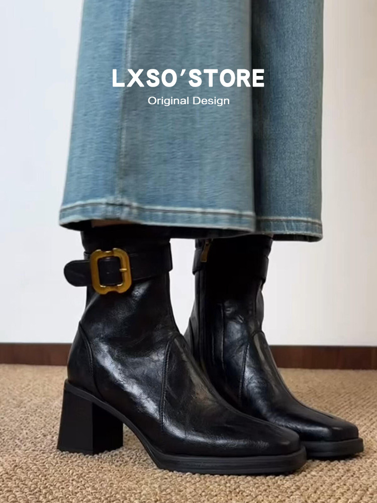 牛皮版~粗高跟短靴女2025秋冬新款百搭弹力瘦瘦靴子气质马丁靴女主图