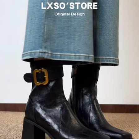 牛皮版~粗高跟短靴女2025秋冬新款百搭弹力瘦瘦靴子气质马丁靴女