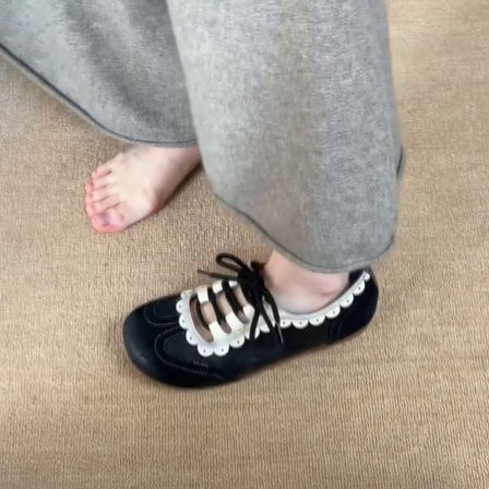 牛皮版~复古圆头镂空花边丑萌系带休闲鞋百搭通勤平底德训鞋板鞋