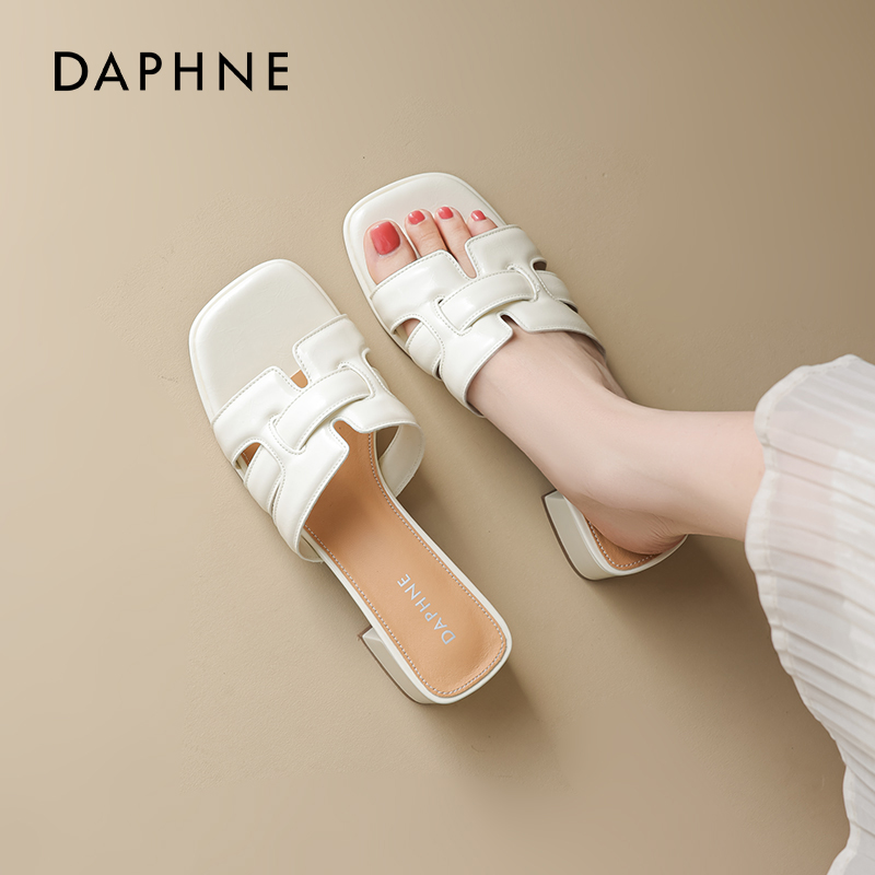 达芙妮法式粗跟白色凉鞋女2025新款夏季外穿一字拖鞋百搭穆勒单鞋主图