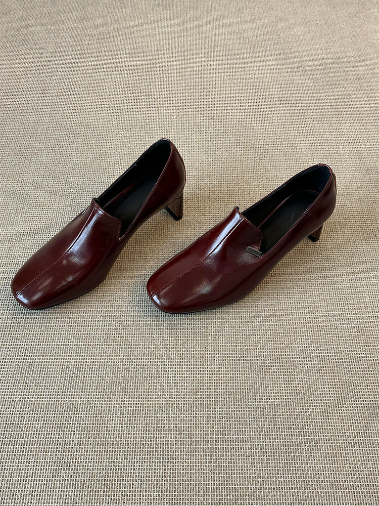 羊皮版~法式极简休闲通勤时尚舒适小皮鞋女方头复古一脚蹬高跟鞋主图