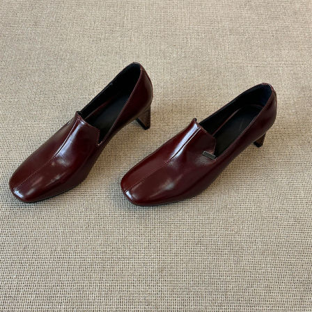 羊皮版~法式极简休闲通勤时尚舒适小皮鞋女方头复古一脚蹬高跟鞋