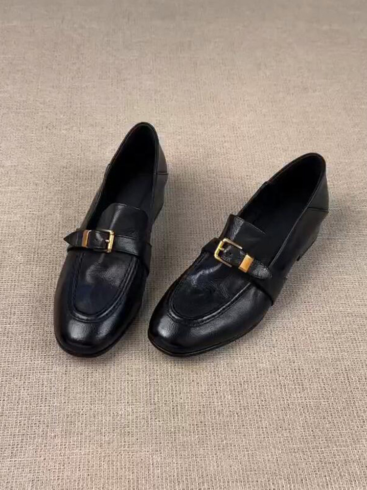 羊皮版~高级感金属扣真皮复古乐福鞋女通勤一脚蹬不累脚低跟单鞋主图