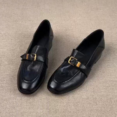 羊皮版~高级感金属扣真皮复古乐福鞋女通勤一脚蹬不累脚低跟单鞋