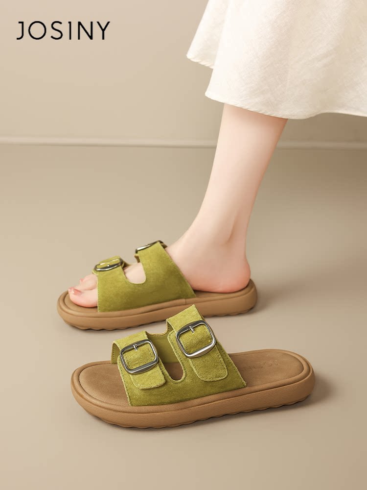 卓诗尼厚底拖鞋女2026春季新款一字带绿色软底配裙子沙滩勃肯凉鞋主图
