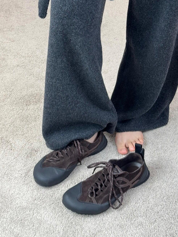 羊皮版~时尚小众设计感老钱风德训鞋女系带深口磨砂皮运动阿甘鞋主图