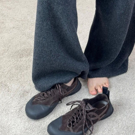 羊皮版~时尚小众设计感老钱风德训鞋女系带深口磨砂皮运动阿甘鞋