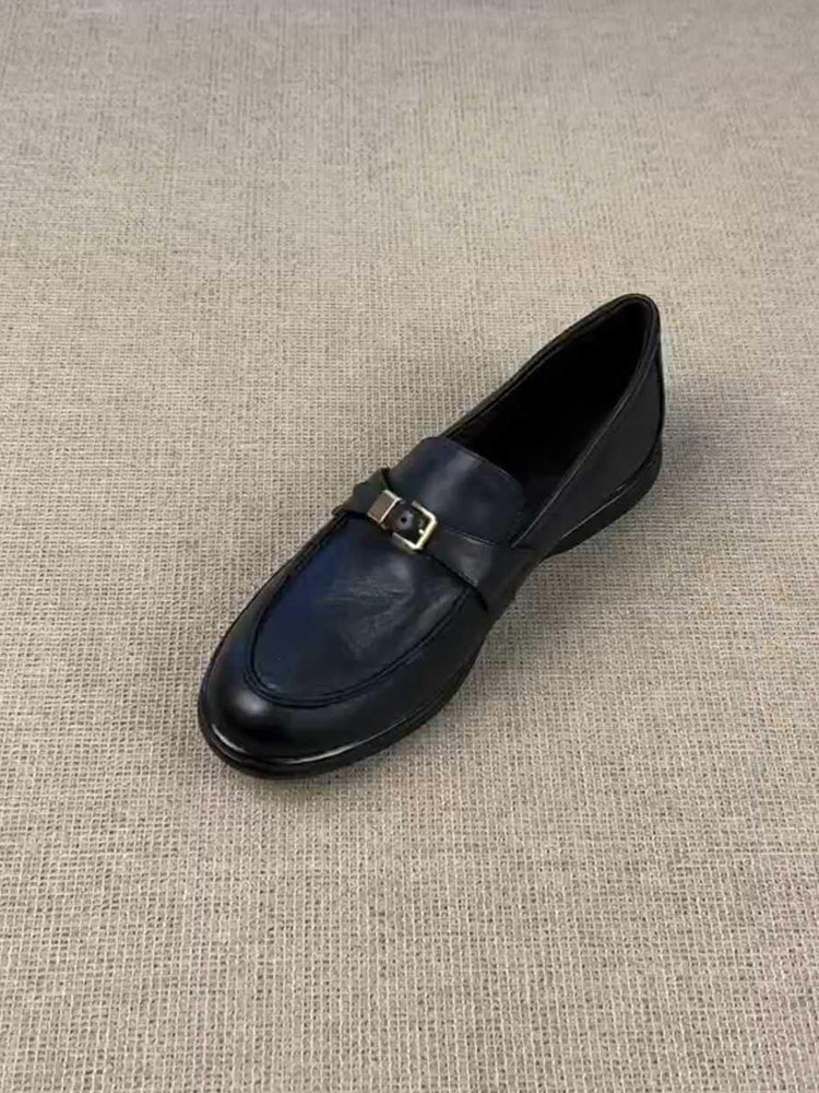 羊皮版~英伦风圆头乐福鞋女一脚蹬金属扣小皮鞋百搭时尚懒人单鞋主图