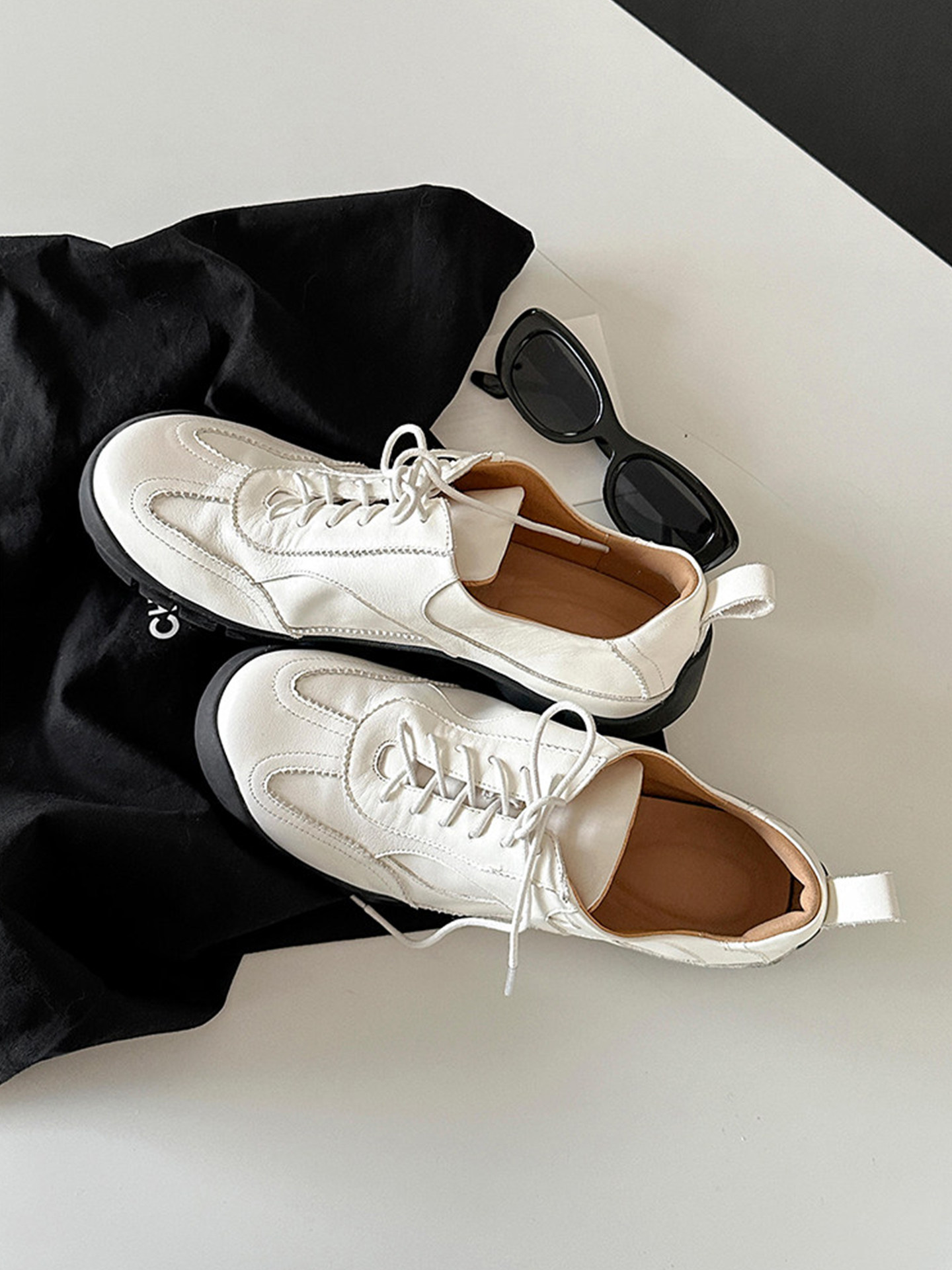 Wheat house ~！复古圆头厚底德训鞋女系带轻便休闲运动风登山鞋主图