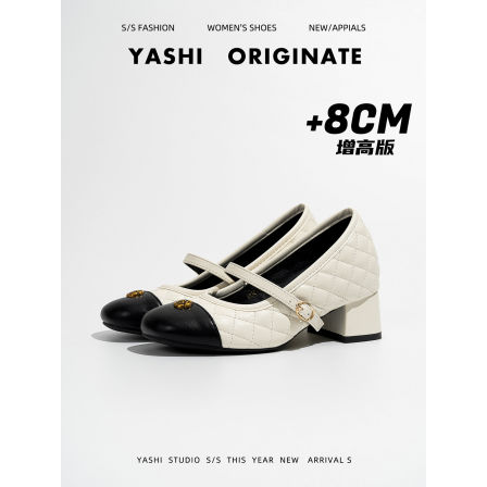 真皮~8CM内增高小香风玛丽珍鞋2026春季新款菱格纹山茶花金扣单鞋