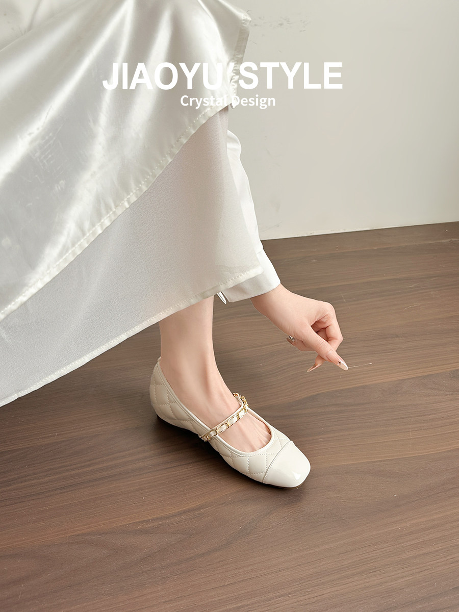 真皮~骄屿内增高白色玛丽珍鞋小香风链条一字带百搭浅口通勤单鞋主图
