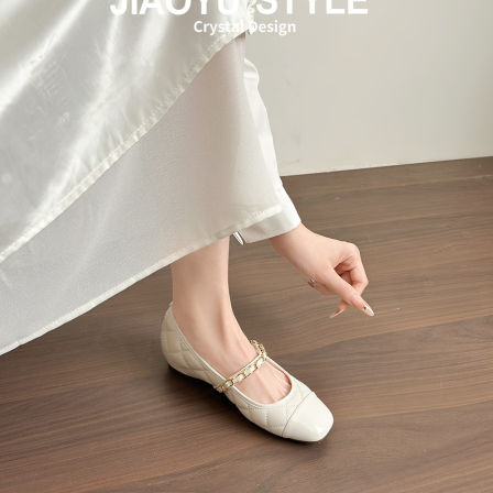 真皮~骄屿内增高白色玛丽珍鞋小香风链条一字带百搭浅口通勤单鞋