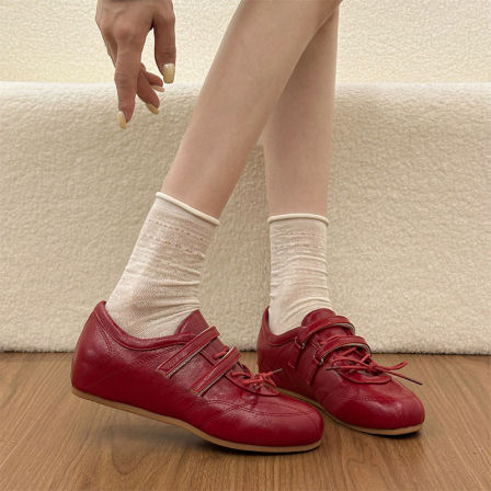 红色德训鞋女2026春季新款复古小皮鞋魔术贴玛丽珍鞋芭蕾风单鞋子