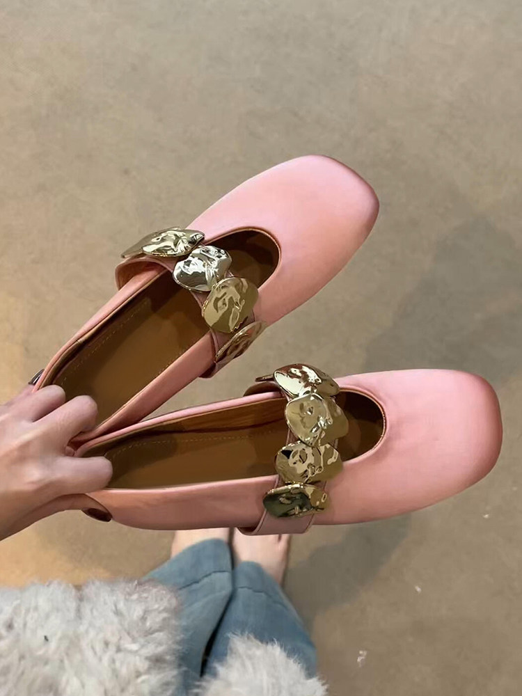 羊皮版~小众新款绸缎面金属扣一字带芭蕾鞋女简约新款设计感单鞋主图