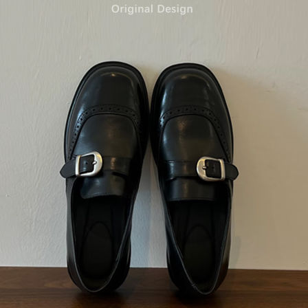 牛皮版~通勤雕花乐福鞋女春秋新新款平底单鞋英伦风一脚蹬小皮鞋