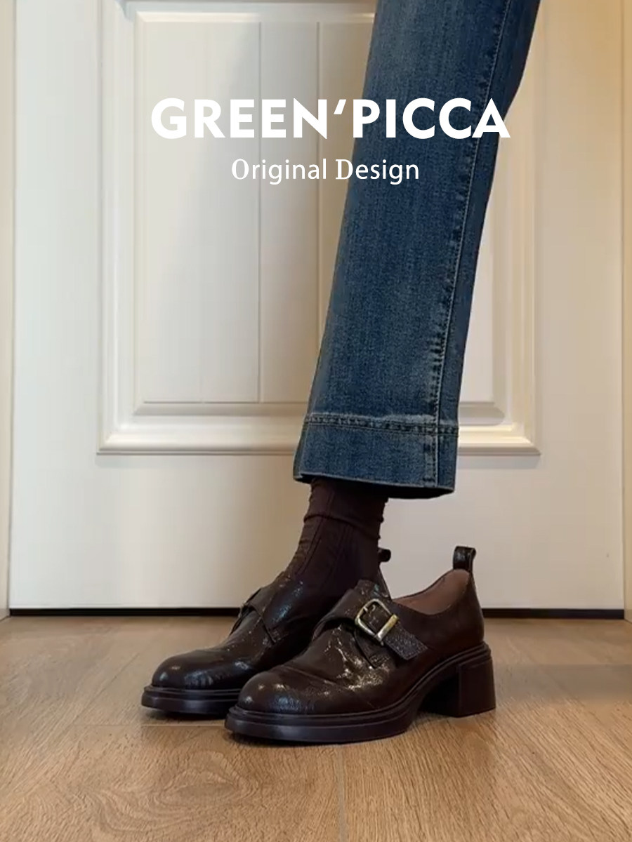 真皮~粗跟乐福鞋女2026春季新款棕色小皮鞋英伦风一脚蹬复古单鞋主图