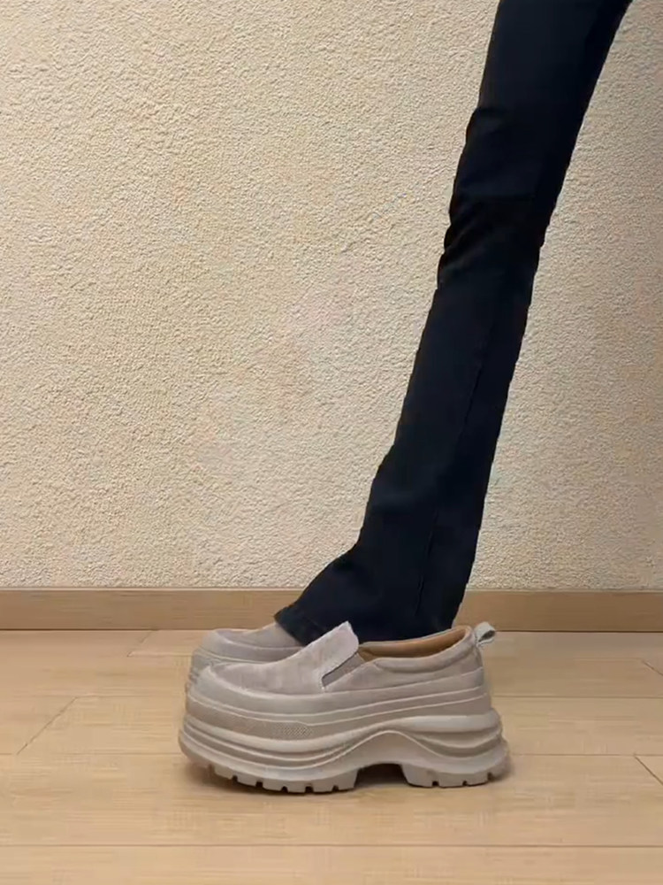 羊皮版~法式松糕厚底增高8cm小个子乐福鞋女绒面一脚蹬简约小皮鞋主图