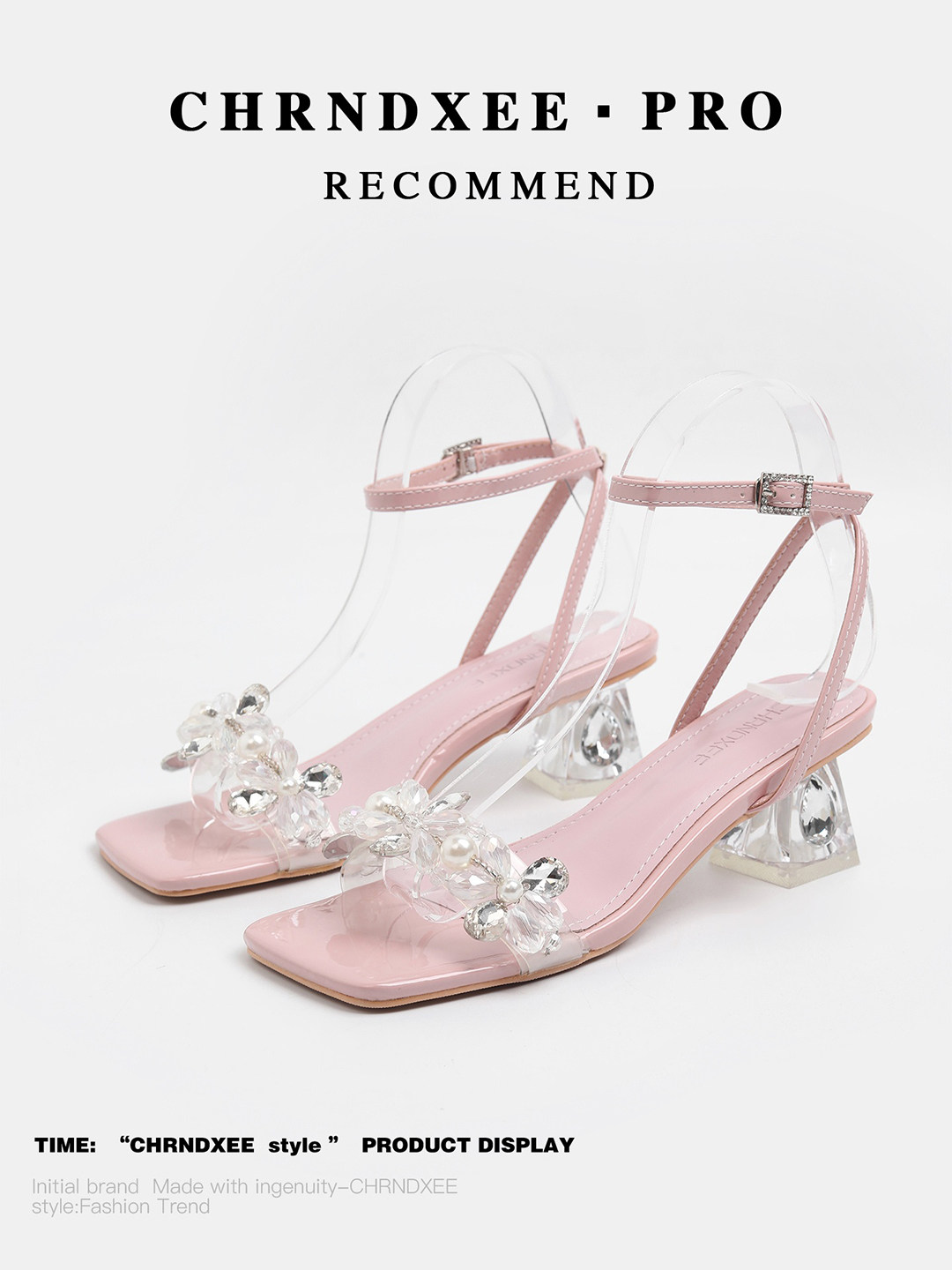 初系丨珍珠水晶一字带粉色凉拖鞋女夏外穿配裙高跟鞋露趾时装凉鞋主图
