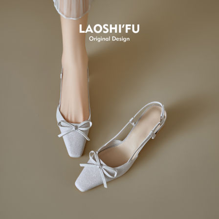 羊皮版~法式蝴蝶结粗跟包头凉鞋女2026新款温柔配裙子后空高跟鞋