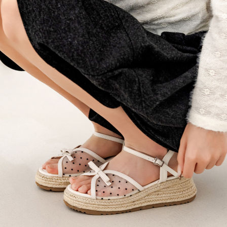 妙侣甜美风厚底坡跟露趾凉鞋女款2026夏季增高半拖蝴蝶结后空凉拖