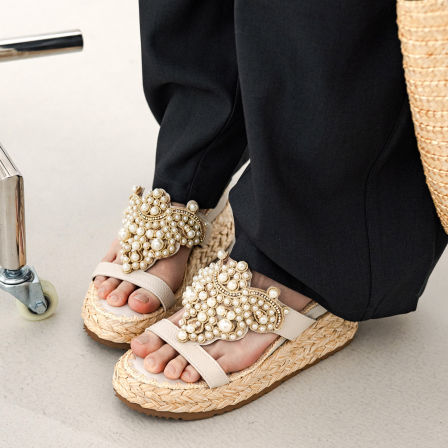 妙侣草编坡跟露趾凉鞋女款2026年夏季新款厚底外穿水钻增高凉拖鞋