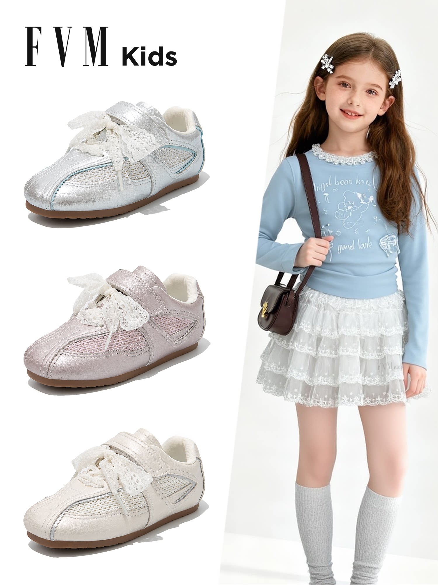 女童鞋子儿童德训运动板鞋2026新款春季芭蕾风银色巨好看女孩大童主图