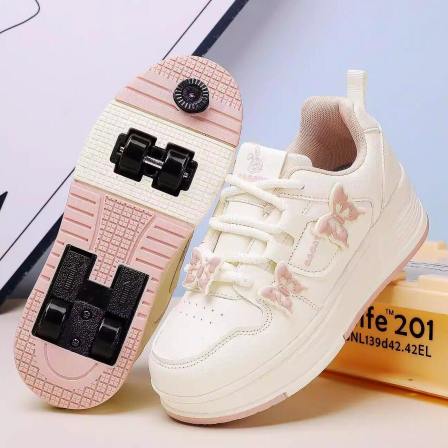 官网C&K女童蝴蝶暴走鞋四轮一键可收缩带刹车儿童隐形飞行轮滑鞋