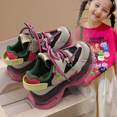 儿童运动鞋2026春季新款女童爆款老爹鞋皮面中大童轻便防滑跑步鞋