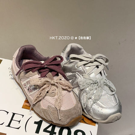 左左家HKTZOZO儿童拼色蝴蝶结运动鞋2026新款男女童双拼鞋带单鞋