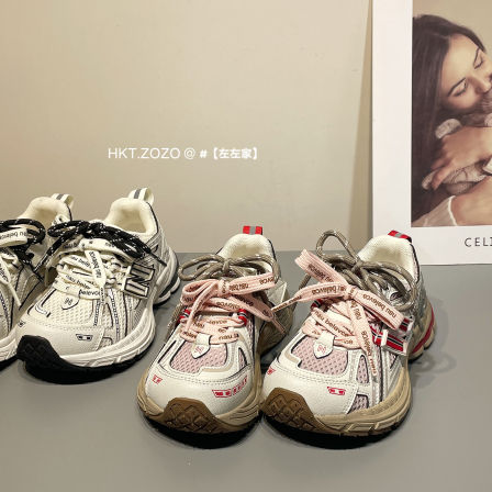 左左家HKTZOZO中大童拼色软底透气运动鞋2026春季双拼鞋带老爹鞋